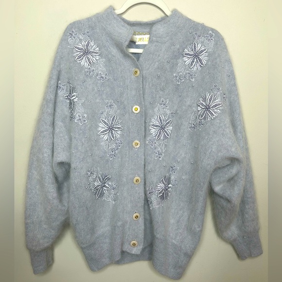 Belldini Sweaters - Vintage Pastel Blue Angora Rabbit Hair Lamb Wool Pearl Beaded Cardigan Sweater L